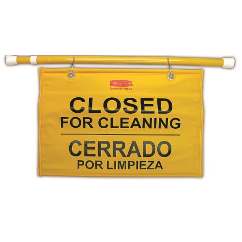 Rubbermaid Multilingual Closed for Cleaning Hanging Doorway Safety Sign, Yellow